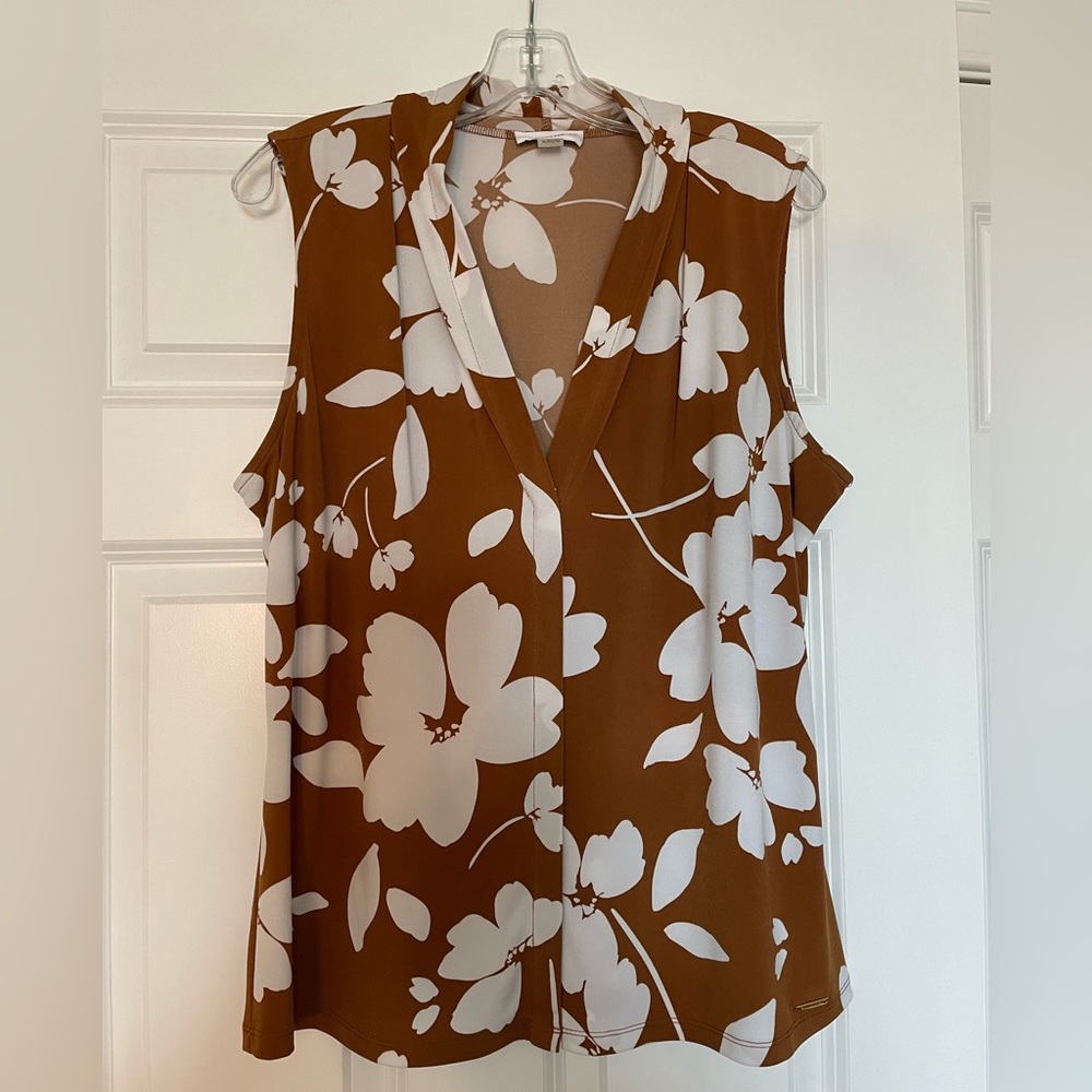 Calvin Klein Brown White Floral Tank Top Blouse Size Large